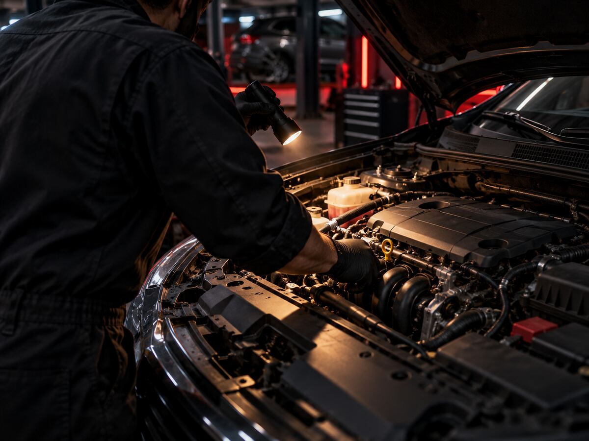 Technician inspecting an engine bay with a flashlight